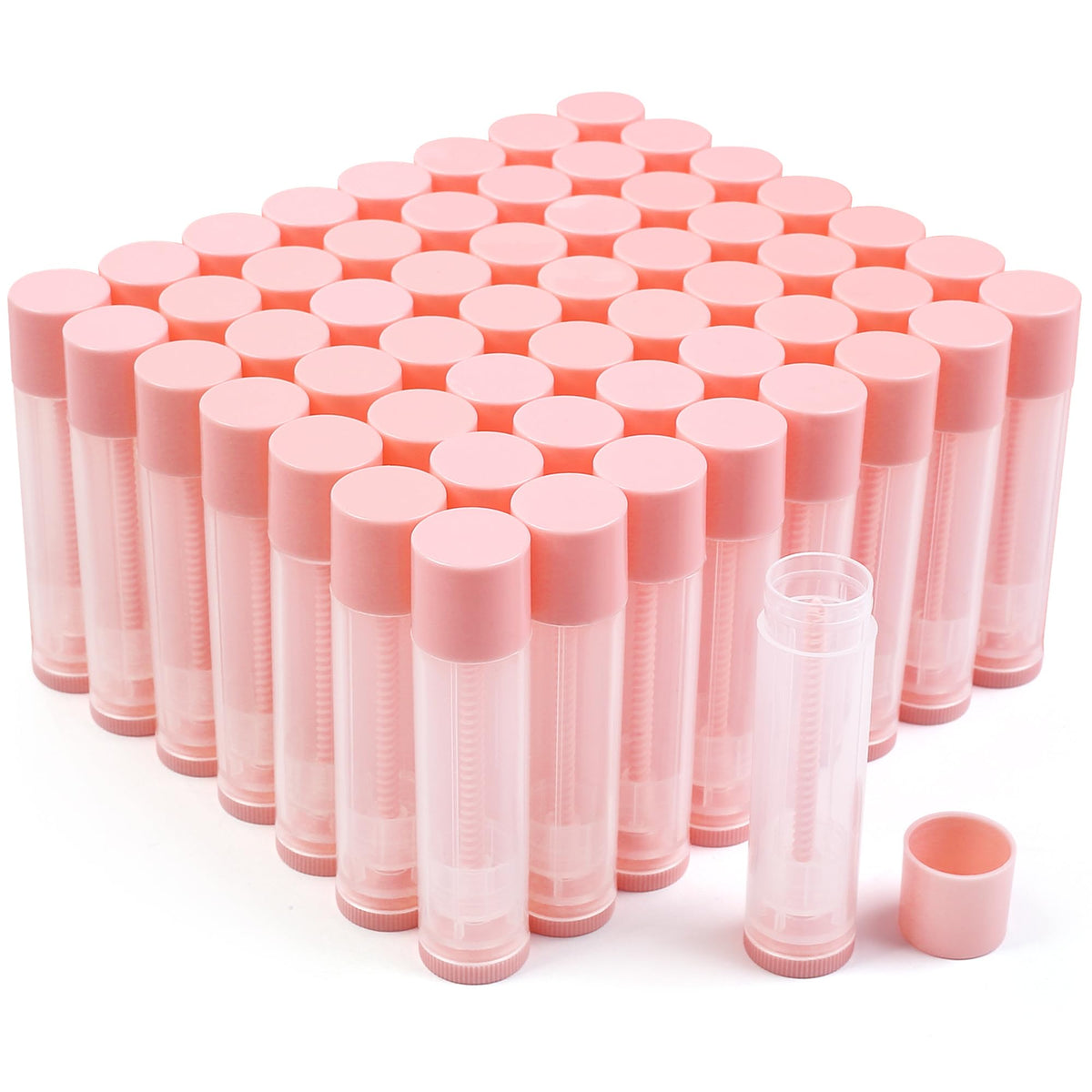 LotFancy front view of 50 clear tubes and pink caps showing kit contents and neat organization