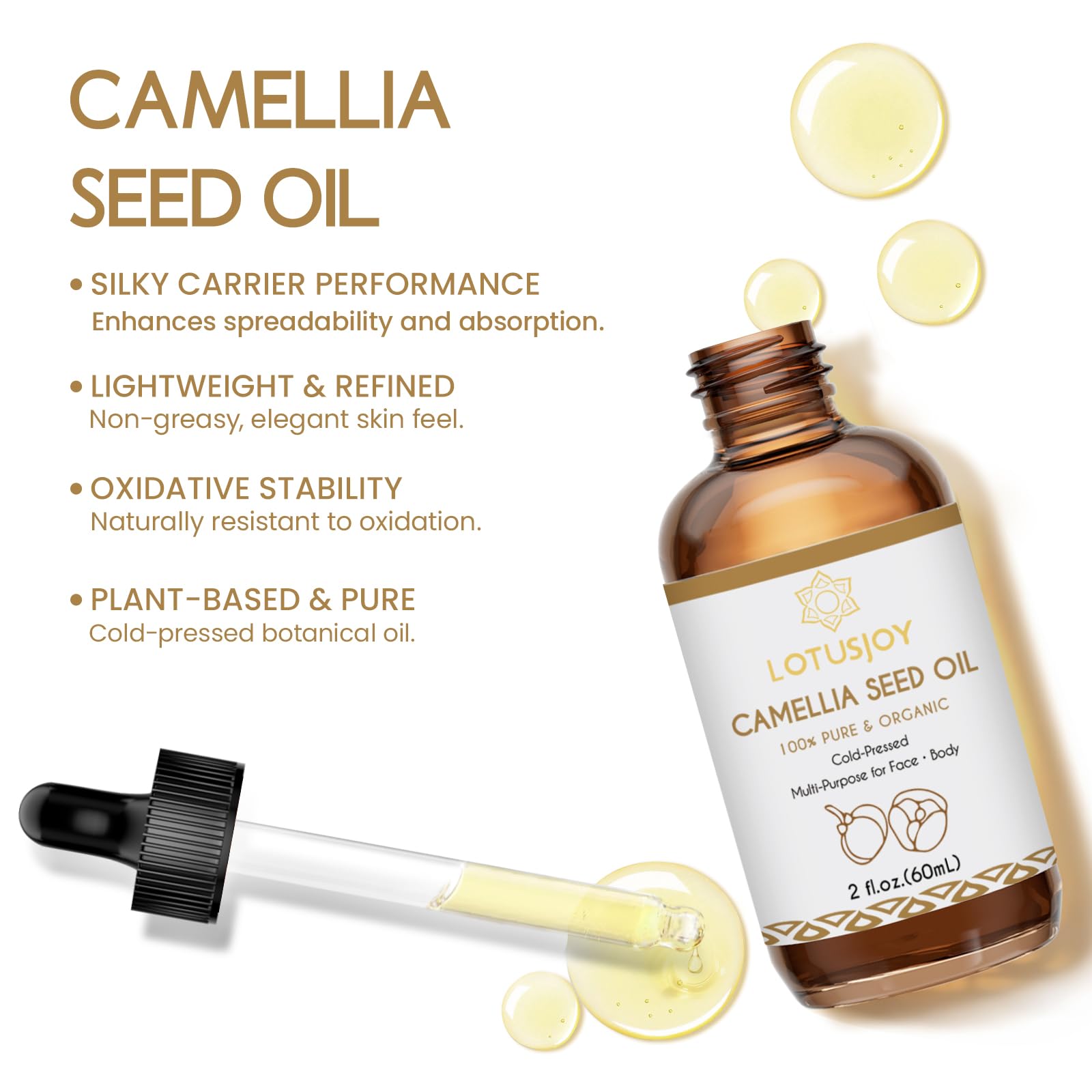 LOTUSJOY dropper dispensing oil, highlights precise application benefit