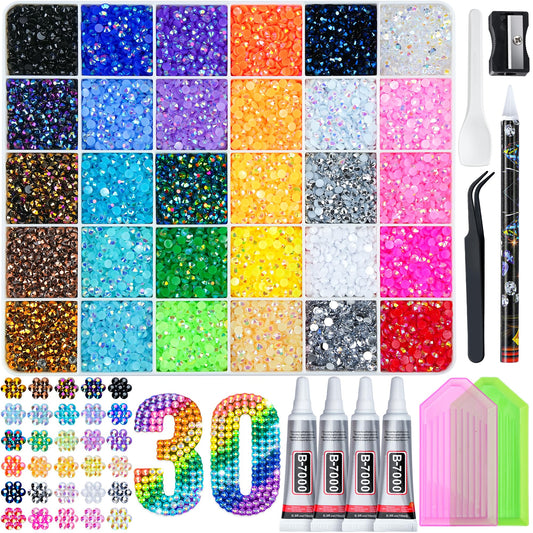 LOTWOW kit front packaging displaying 30-color rhinestones and tools for instant crafting