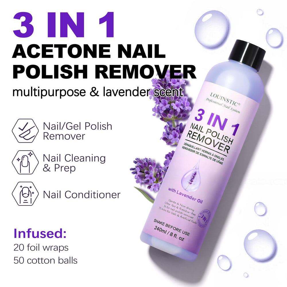 LOUINSTIC bottle closeup label highlighting acetone formula and conditioning oils