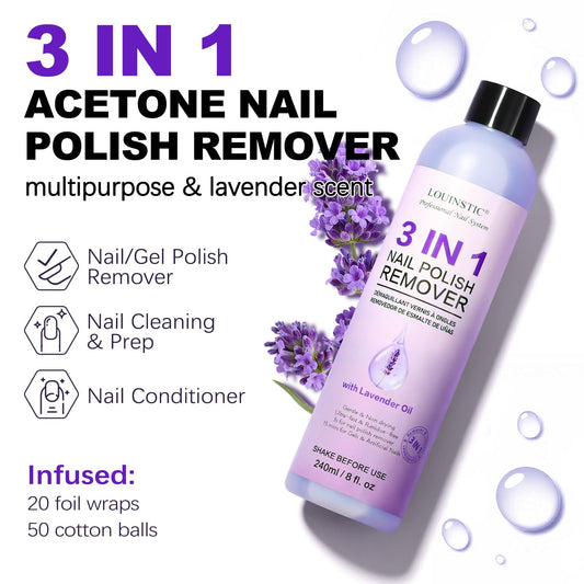 LOUINSTIC bottle closeup label highlighting acetone formula and conditioning oils