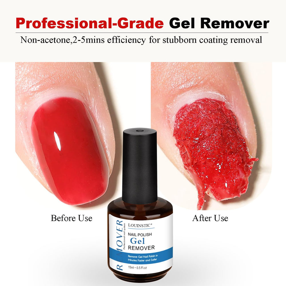 LOUINSTIC remover bottle close-up, highlights low-odor formula and fast gel lift