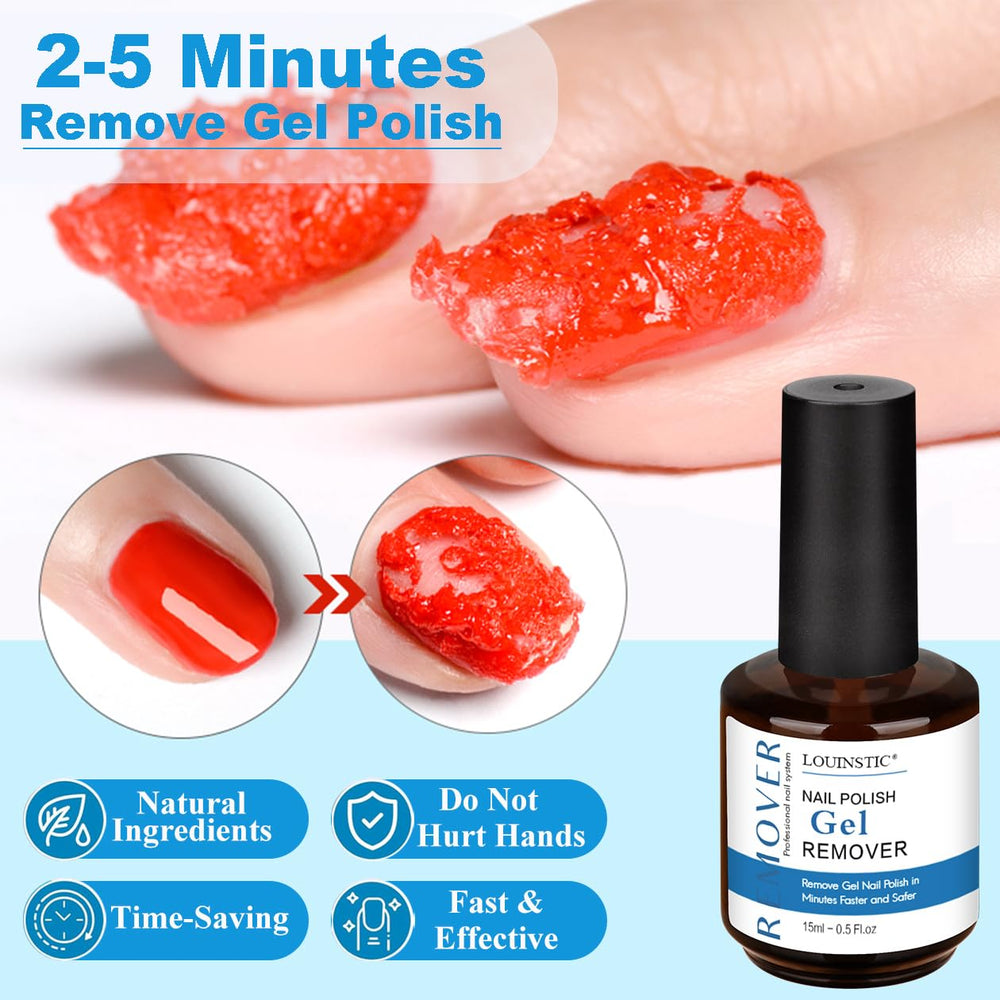 LOUINSTIC bottle open with gel remover applied to nail for fast lift