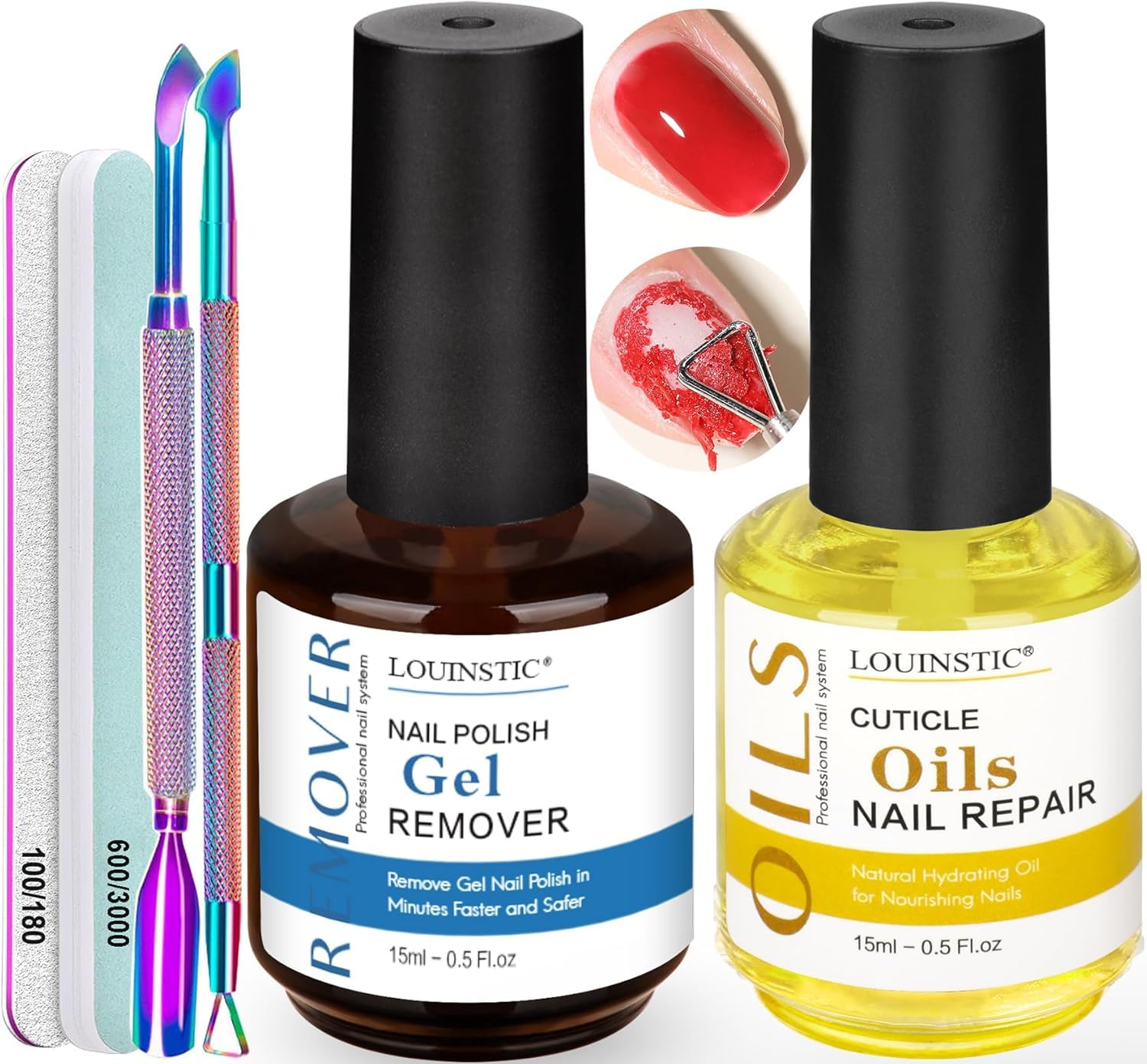 LOUINSTIC front packaging showing full gel remover kit and included tools for quick removal