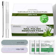 LOUINSTIC front packaging showing 200 individually wrapped remover pads and tools, convenient for travel