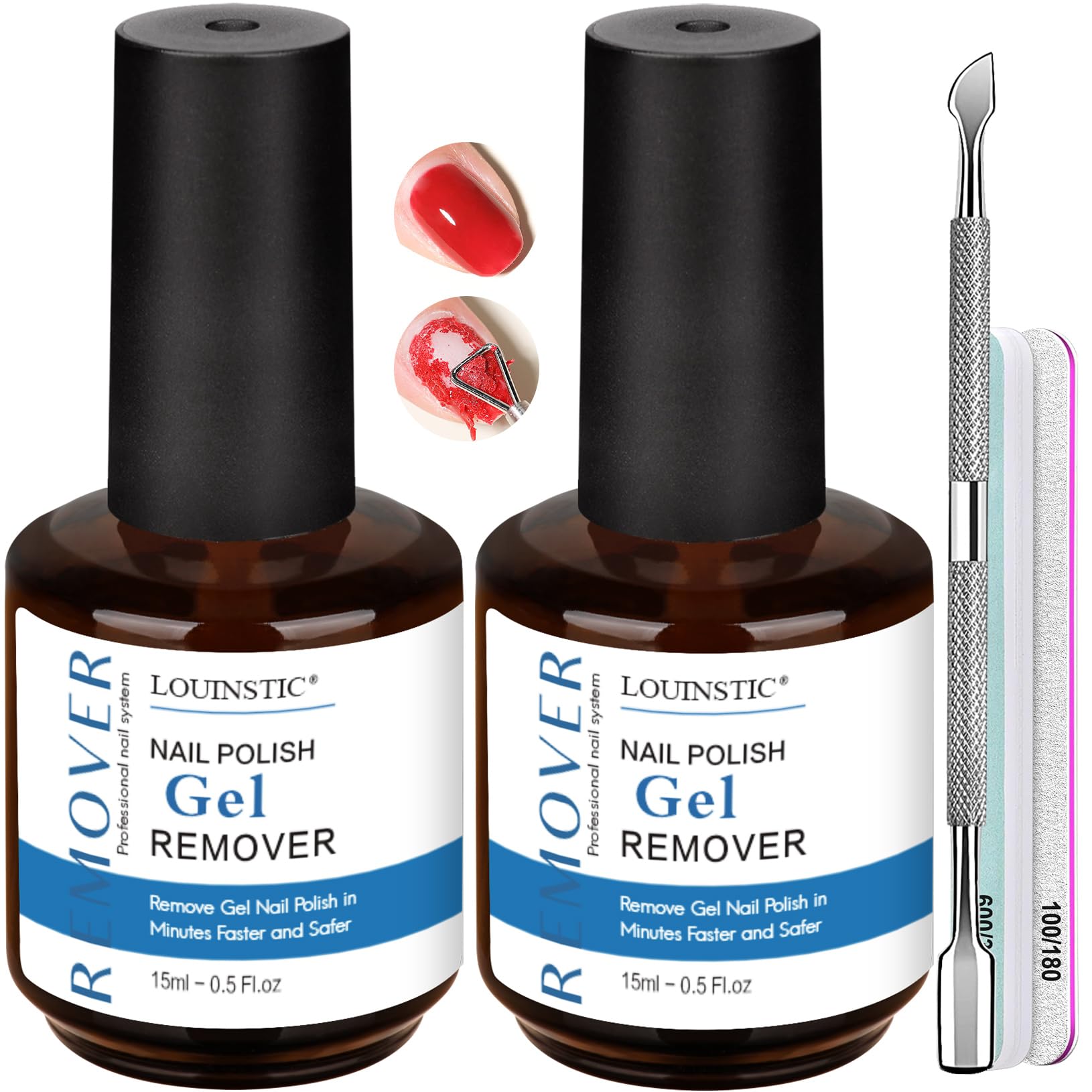 LOUINSTIC front packaging showing two 15ml bottles and included tools for quick removal