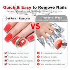 Label close-up of LOUINSTIC listing acetone-free benefits and gentle ingredients
