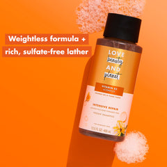 Love Beauty and Planet back label displaying ingredients and cruelty-free certifications benefit