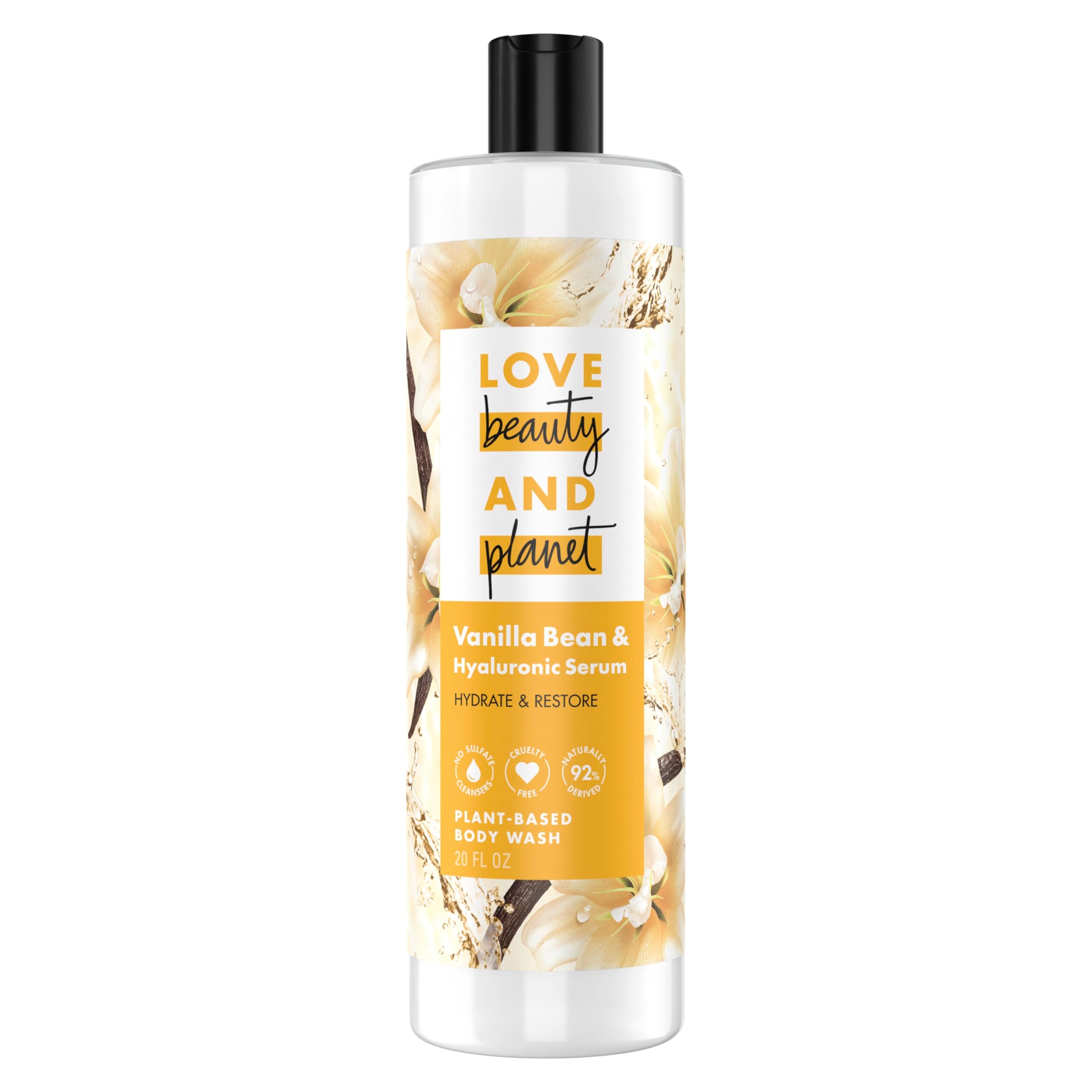 Love Beauty and Planet front bottle showing vanilla and hydration benefits