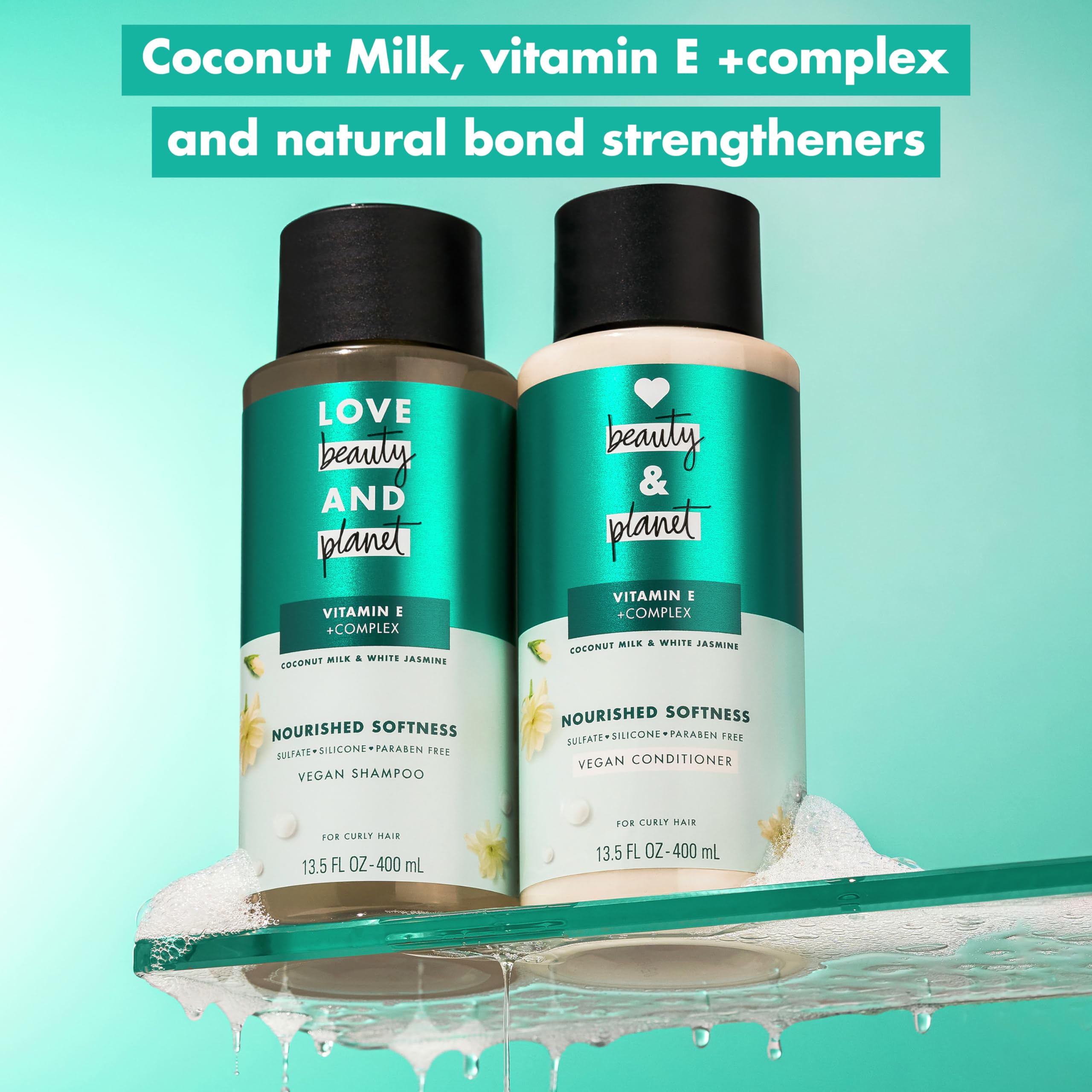 Love Beauty And Planet 13.5 oz bottle in hand illustrating size and travel convenience