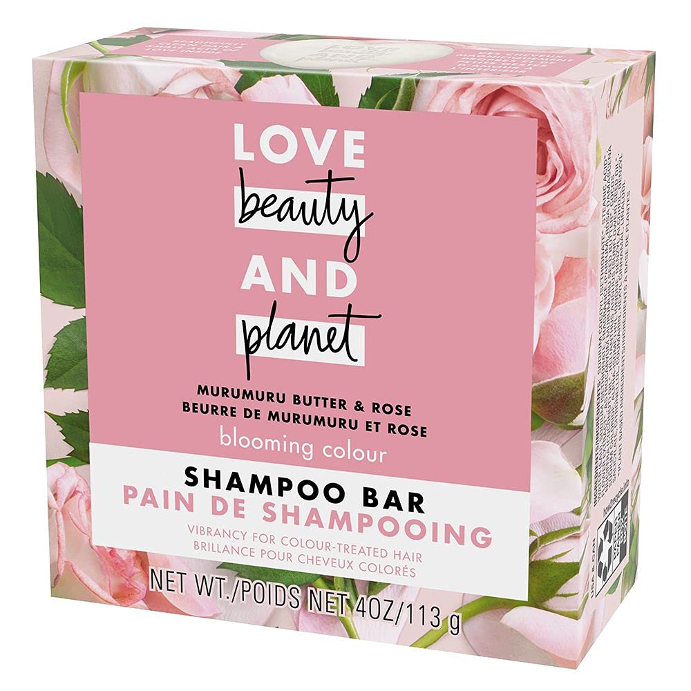 Love Beauty And Planet shampoo bar beside a bottle to show compact size
