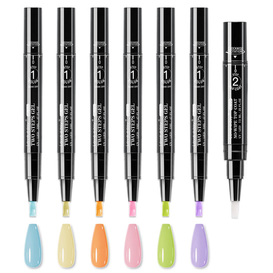 Love easy front packaging showing six macaron color pens and top coat, neat presentation benefit