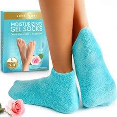LOVE, LORI front packaging showing moisturizing gel socks and benefits