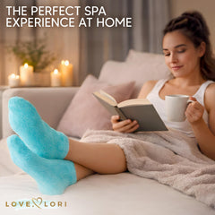 LOVE, LORI socks next to ruler showing size 9–11 scale and fit