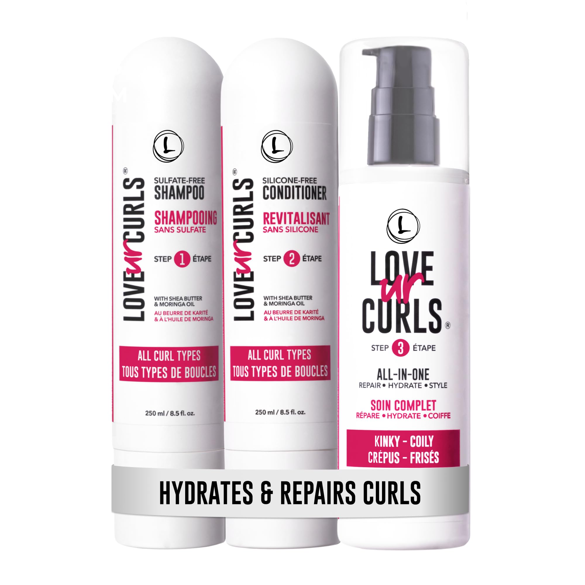 Love Ur Curls front packaging showing complete 3-step set and benefits