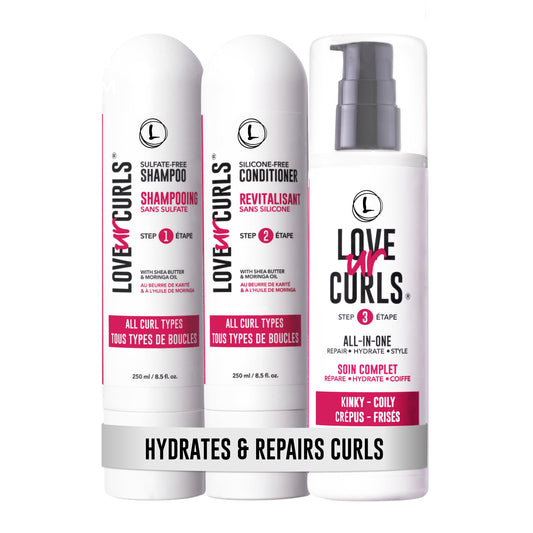 Love Ur Curls front packaging showing complete 3-step set and benefits