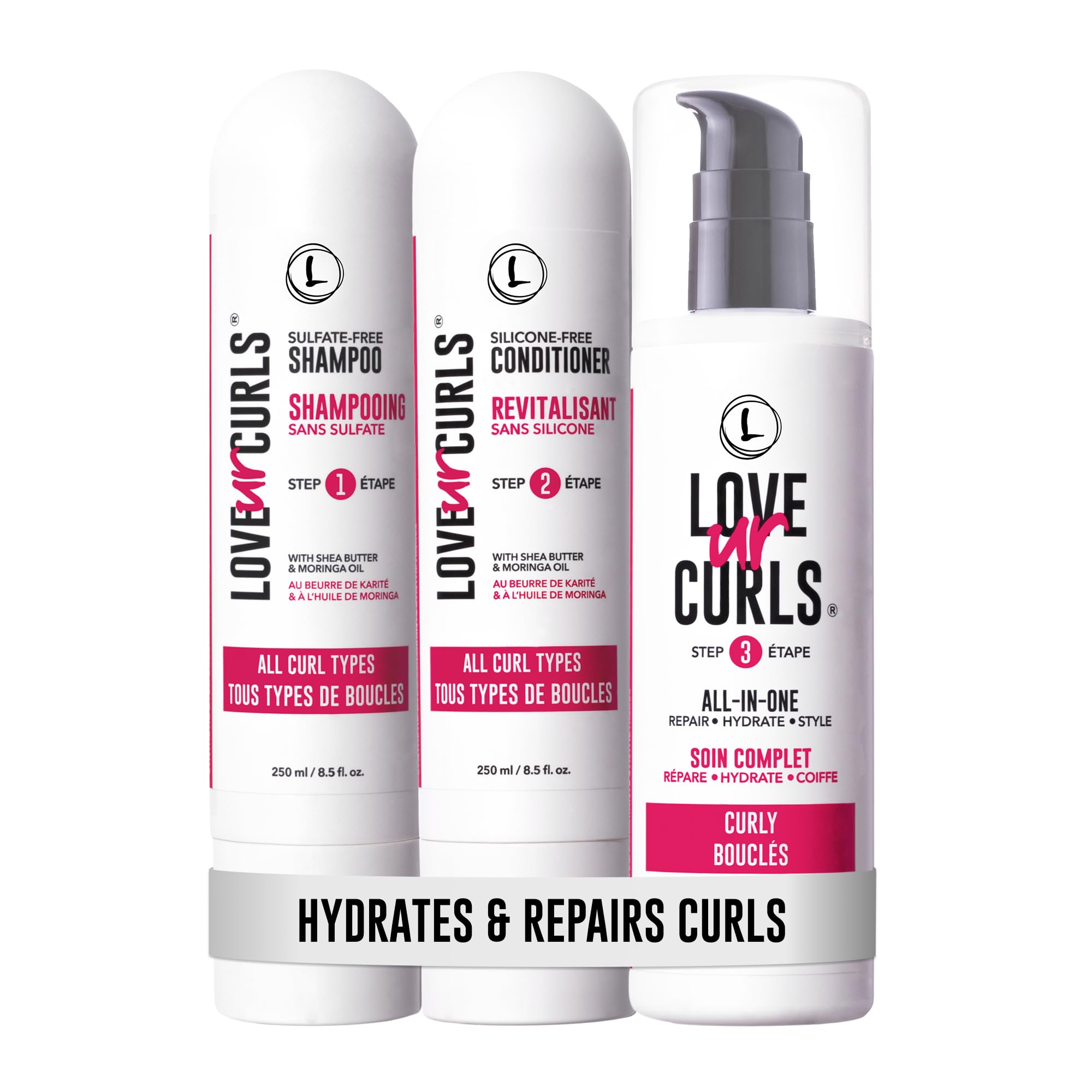 Love Ur Curls front packaging showing the three-step system and brand benefits