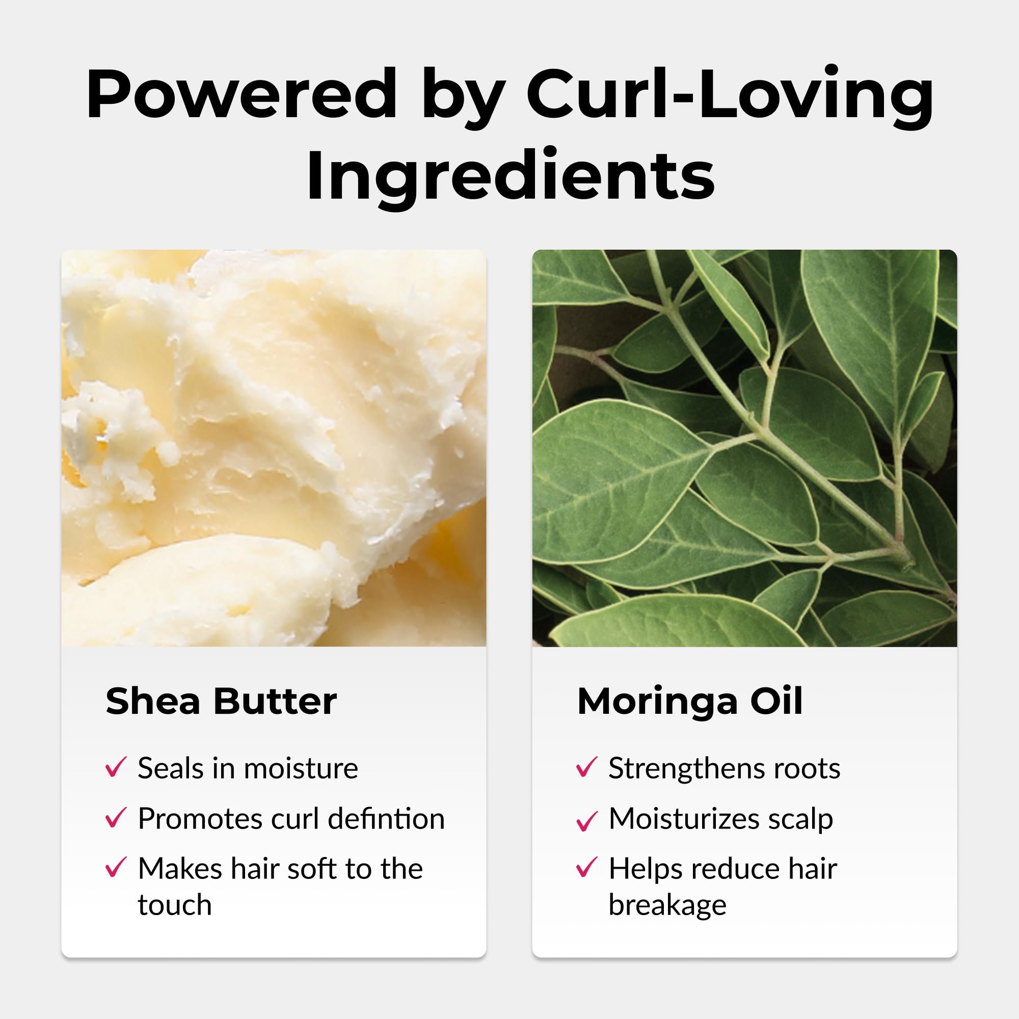 Love Ur Curls natural shea butter and moringa oil ingredients emphasizing nourishment