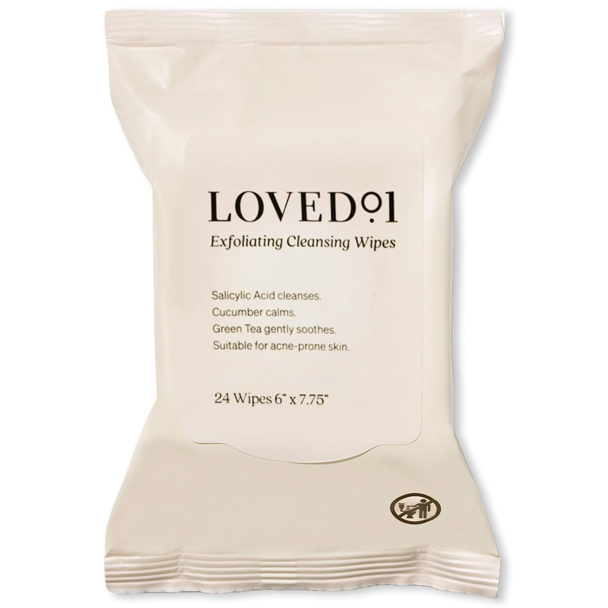 Loved01 front packaging showing 24 wipes and resealable lid, convenient for travel