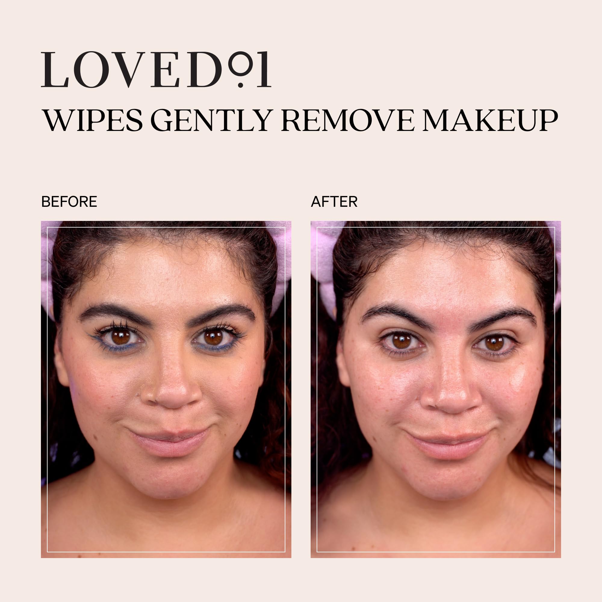 Person using Loved01 wipe on face to remove makeup and refresh skin without rinsing