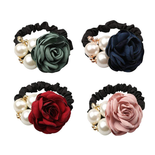 LOVEF front view of four rose pearl hair ties showing gift-ready packaging and charm
