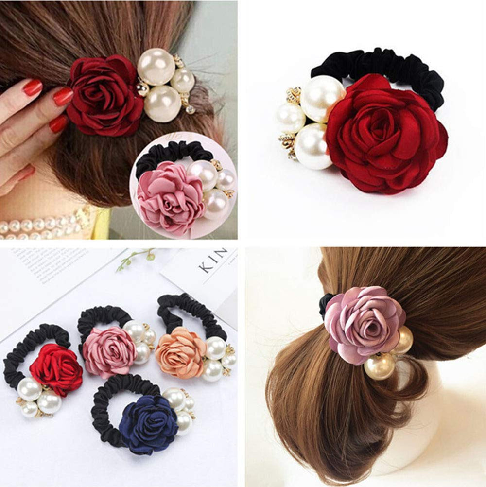 LOVEF hair tie beside a ruler showing precise flower and pearl dimensions