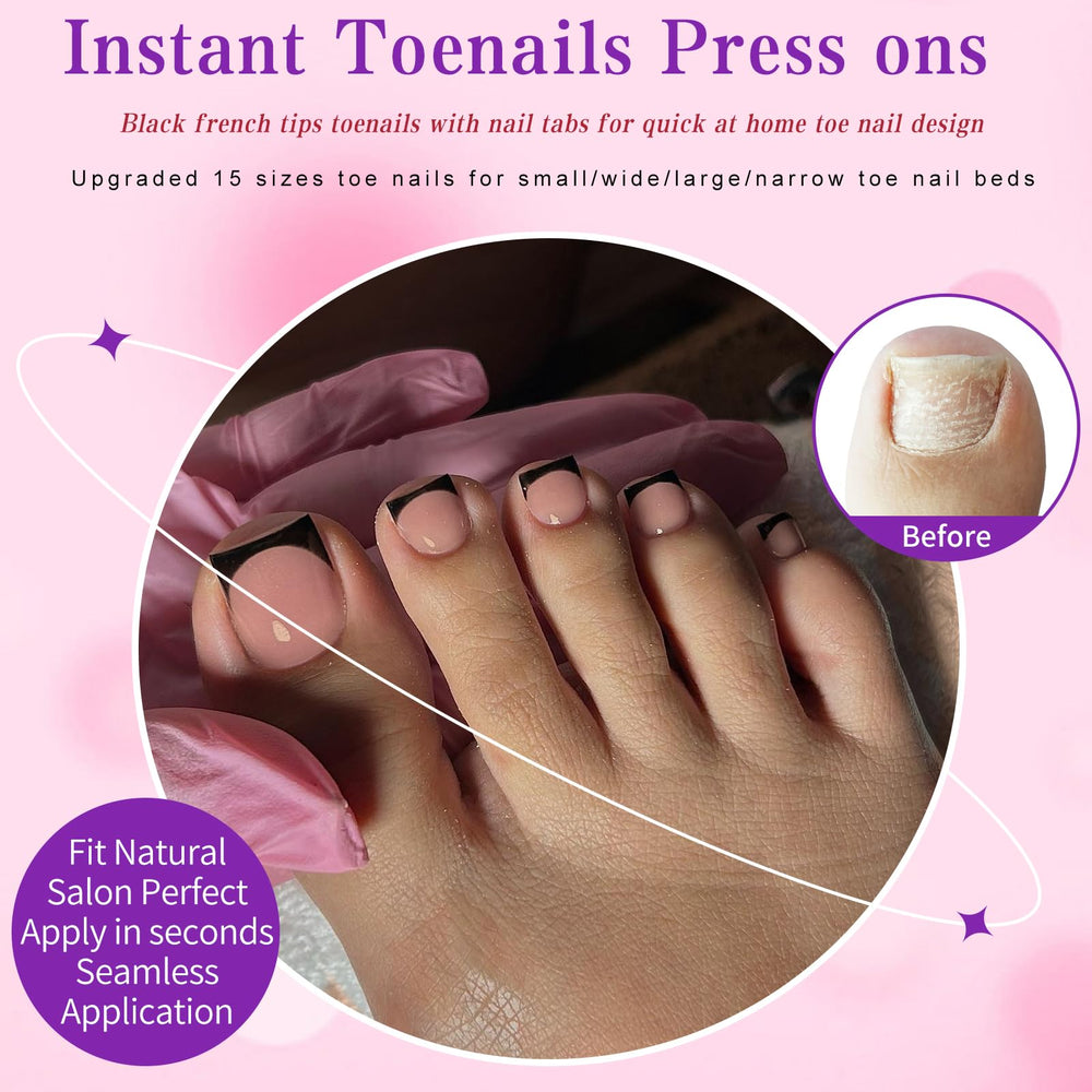Applying a LoveOurHome press-on toe nail to a natural toe for fast at-home pedicure