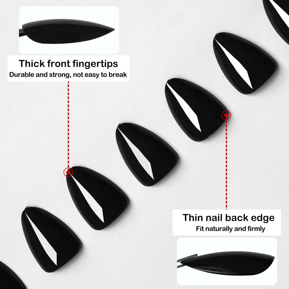 LoveOurHome close-up of glossy black almond nail surface highlighting salon shine