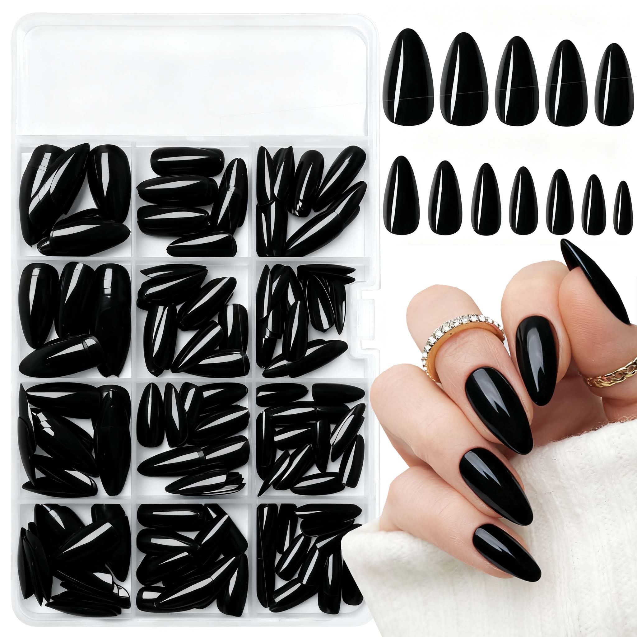 LoveOurHome front packaging showing full 240pc black almond kit benefit instant manicure