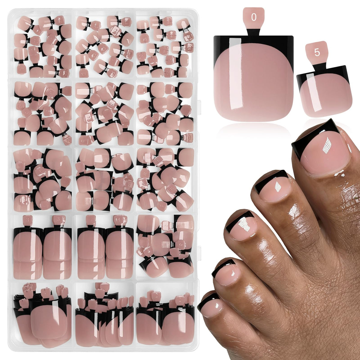 LoveOurHome front packaging showing 150-piece black French tip toe nails for quick pedicures