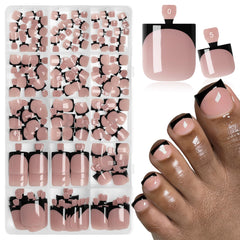 LoveOurHome front packaging showing 150-piece black French tip toe nails for quick pedicures
