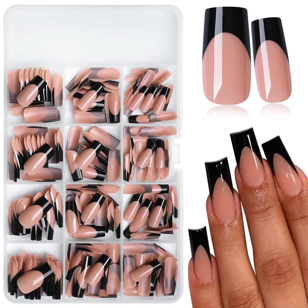 LoveOurHome front packaging showing 240 black French tip press-on nails and kit for convenience