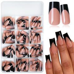 LoveOurHome front packaging showing 240 black French tip press-on nails and kit for convenience