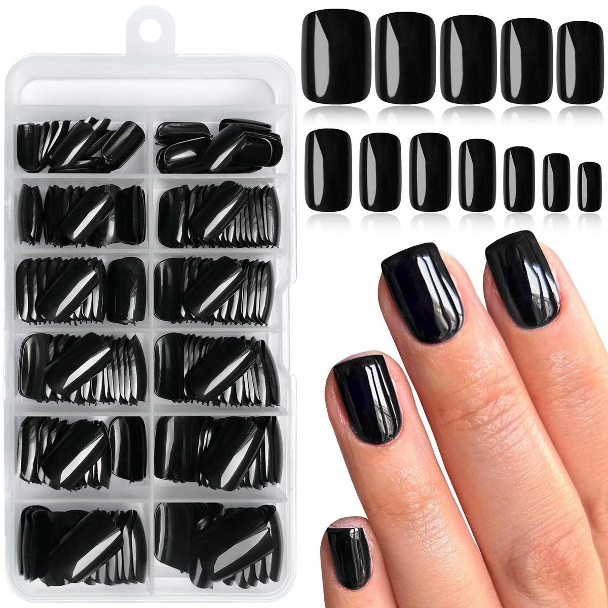 LoveOurHome front packaging showing 240pc black press-on nails for quick manicures
