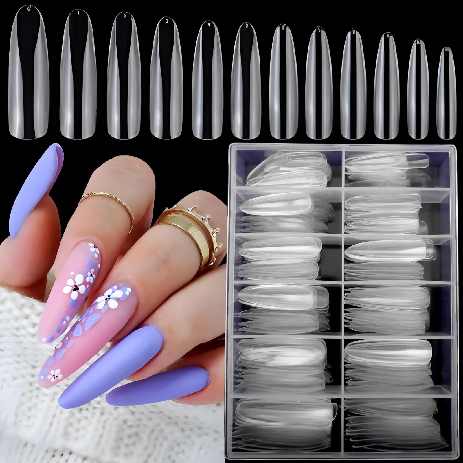 LoveOurHome front packaging of 240 clear almond tips showing quantity and sizes for easy selection