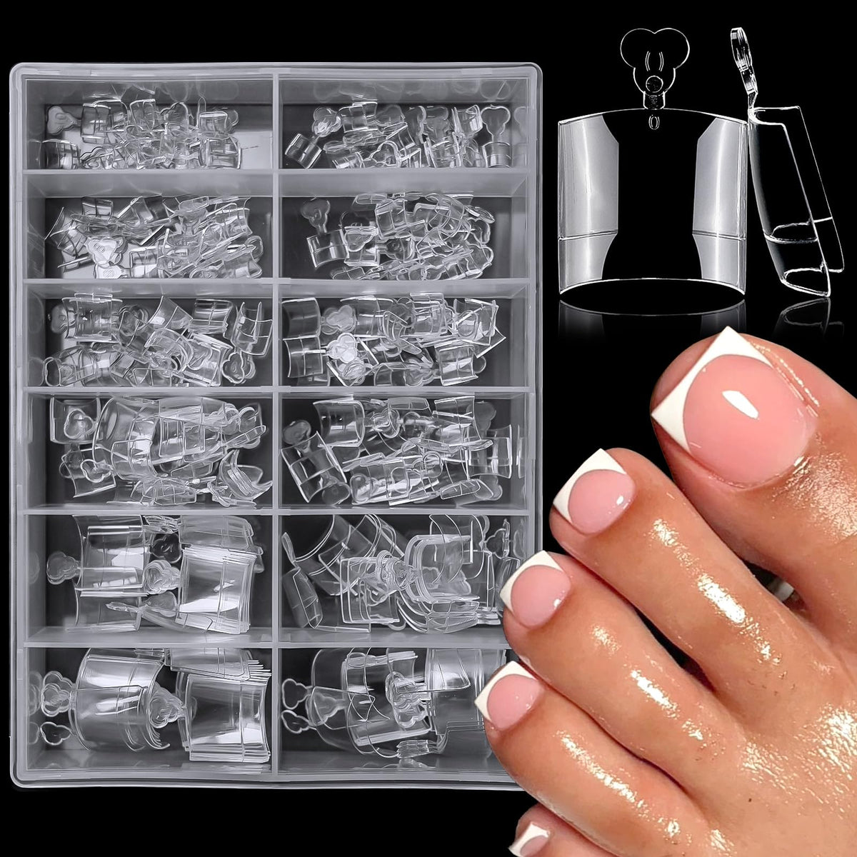 LoveOurHome front packaging of 240 clear gel toe tips showing kit contents and quick pedicure benefit