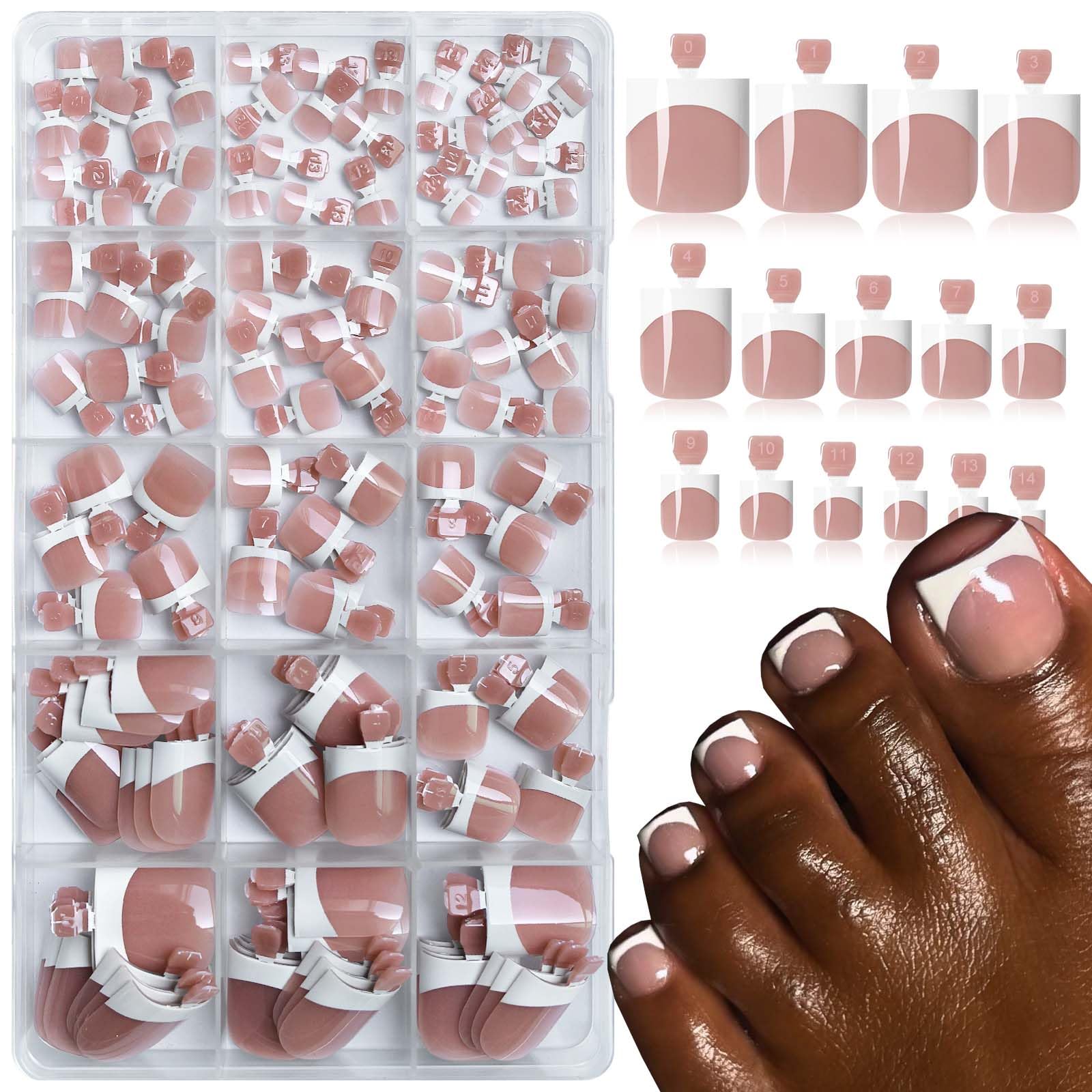 LoveOurHome front packaging showing 150pc French tip toe nails and tools for quick pedicures