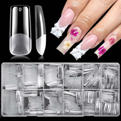 LoveOurHome front packaging showing 360 clear long square nail tips and benefits