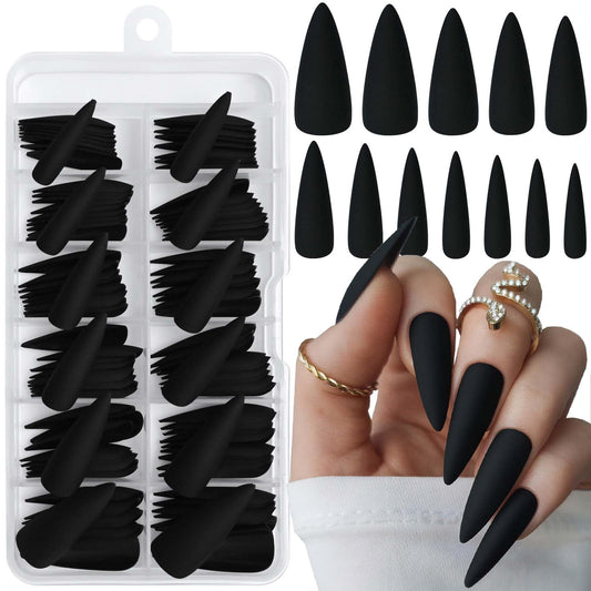 LoveOurHome front packaging showing 120 matte black stiletto nails and quick setup