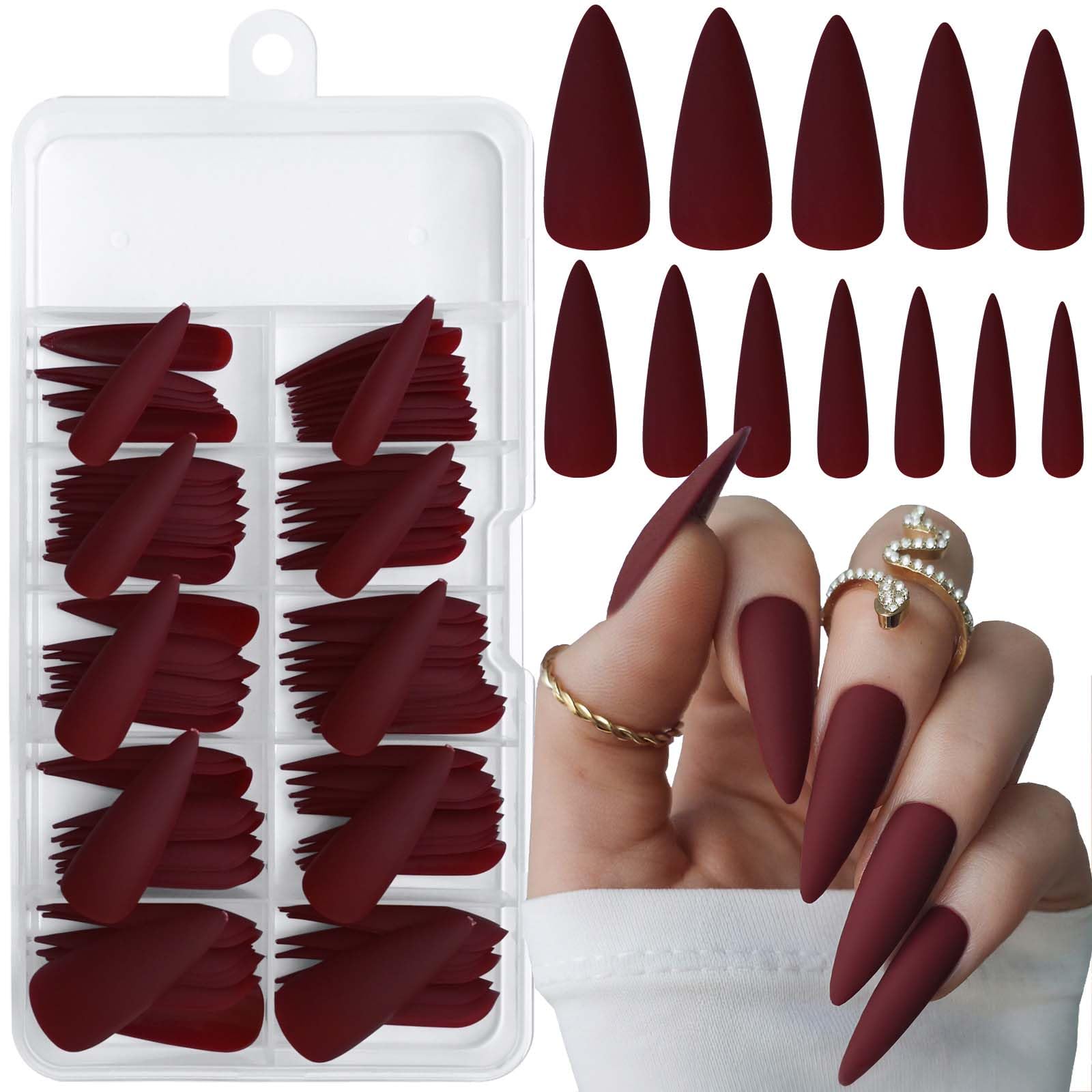 LoveOurHome front packaging showing matte burgundy stiletto nails and quick salon look