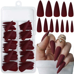 LoveOurHome front packaging showing matte burgundy stiletto nails and quick salon look