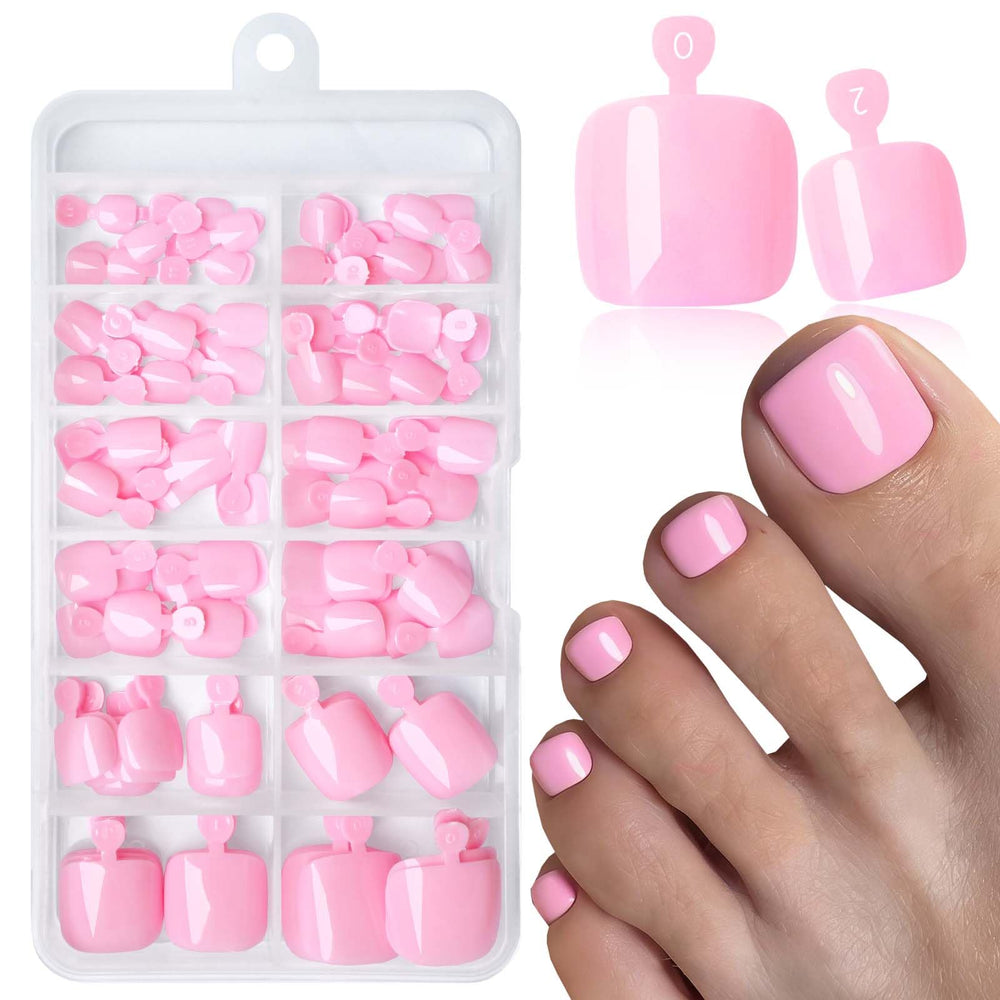LoveOurHome front packaging showing 120 pink press-on toenails and included tools for fast pedicures