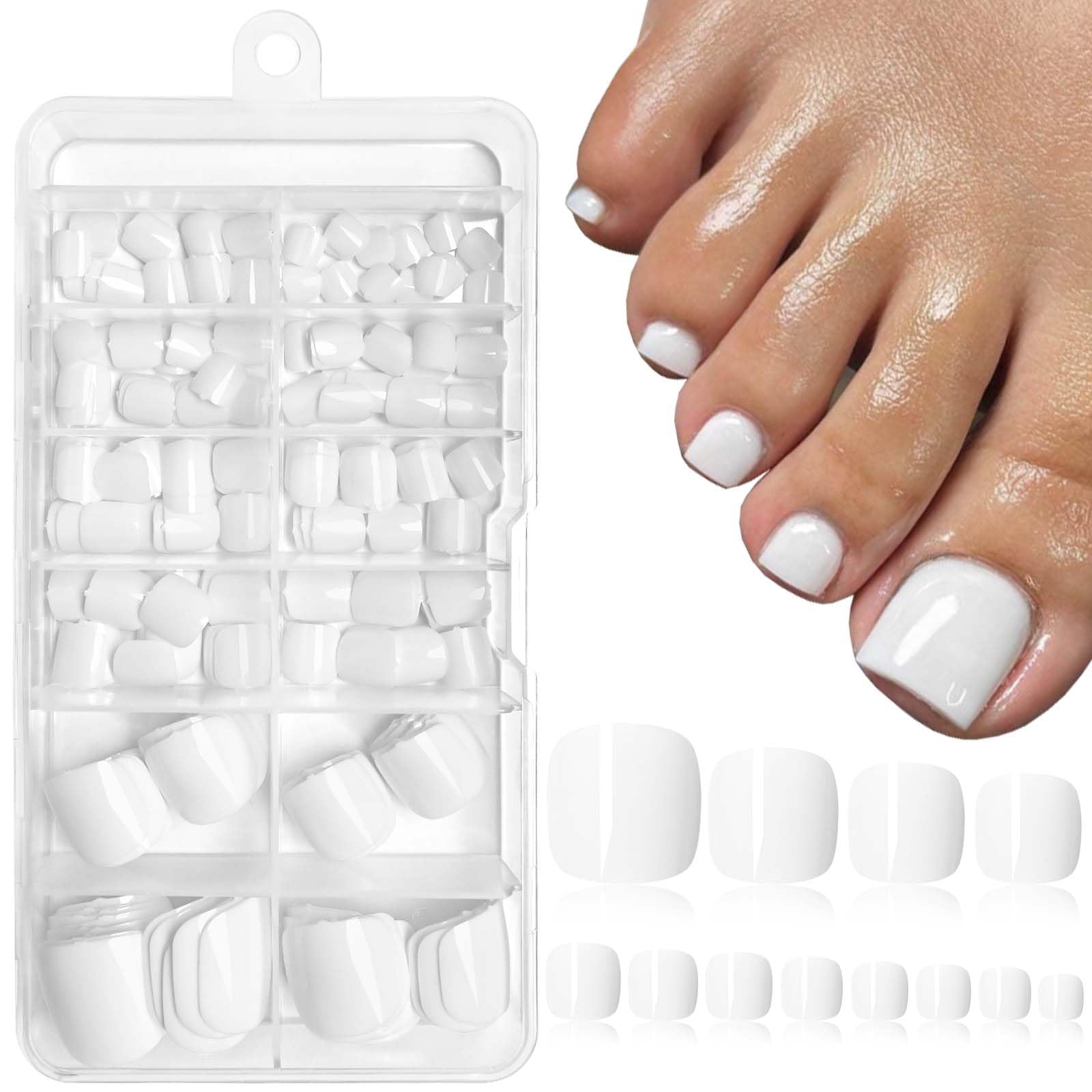 LoveOurHome front packaging showing full white press-on toenail kit and convenience