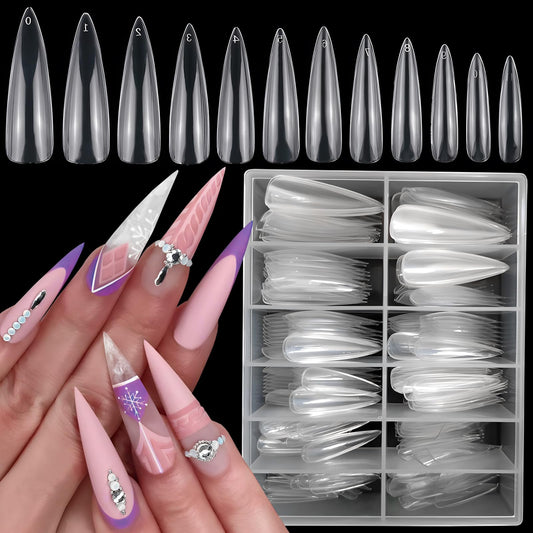 LoveOurHome front packaging showing 240 clear XL stiletto tips and plastic case benefit organization
