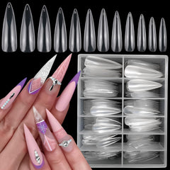 LoveOurHome front packaging showing 240 clear XL stiletto tips and plastic case benefit organization