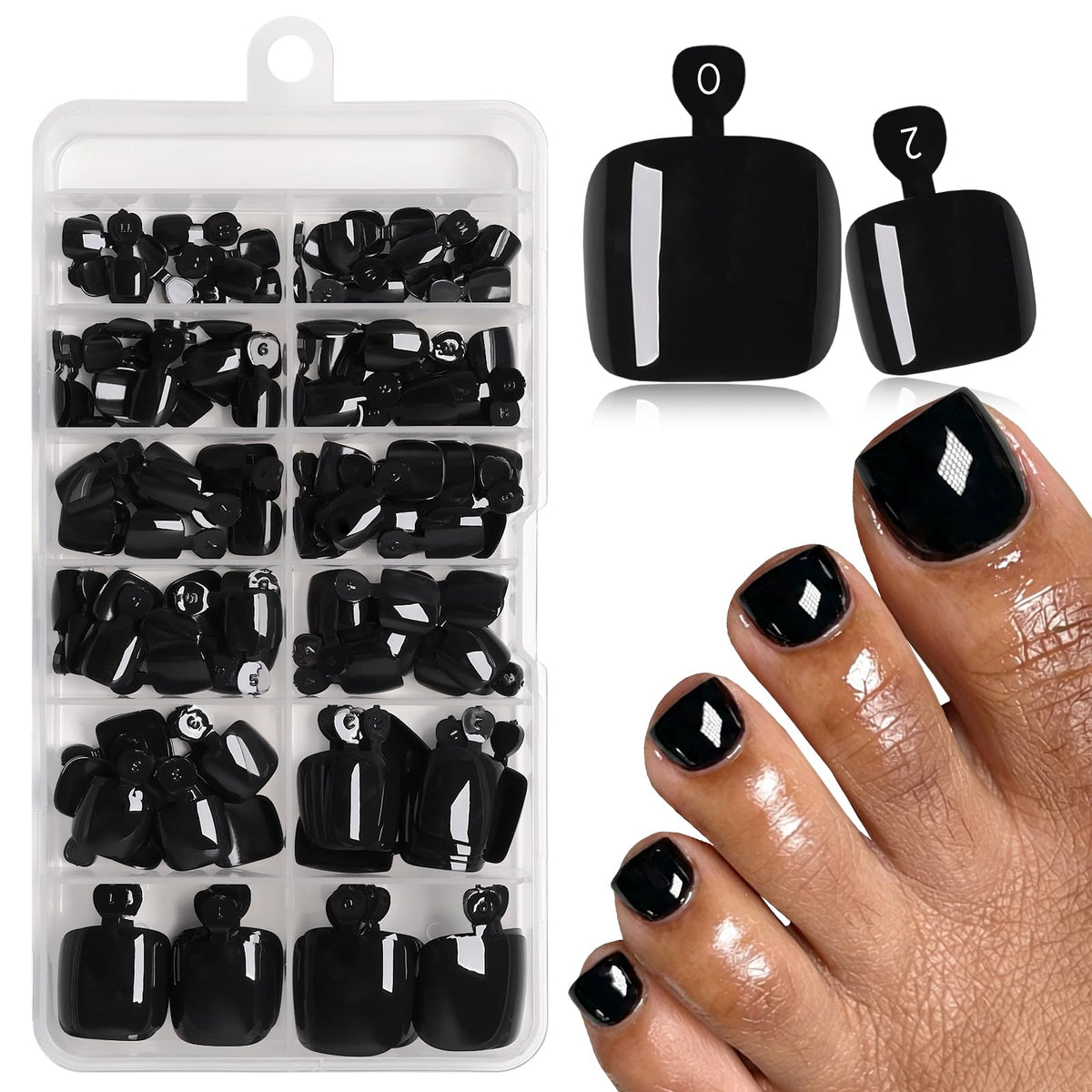 LoveOurHome front packaging showing 144 black press-on toenails and kit benefits