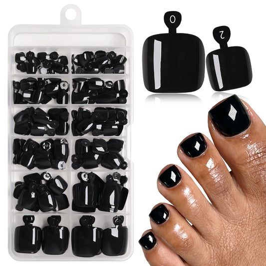 LoveOurHome front packaging showing 144 black press-on toenails and kit benefits