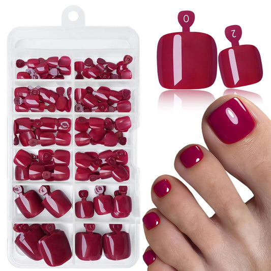 LoveOurHome front packaging showing full burgundy press-on toenail kit benefits