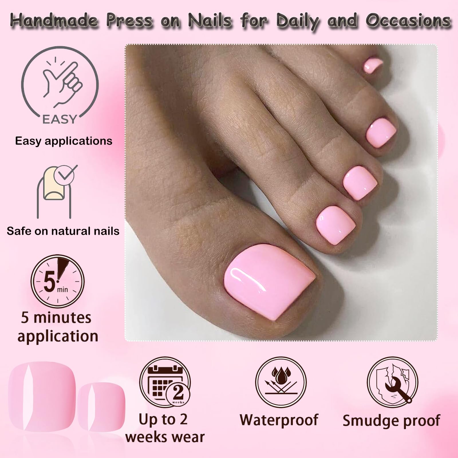 LoveOurHome model wearing pink press-on toenails demonstrating comfortable, ready-to-wear results