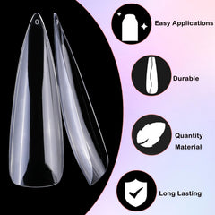 LoveOurHome model hand wearing extra long stiletto nails showcasing dramatic style impact